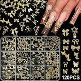 120Pcs/Box 3D Silver Exquisite Bowknot Nail Charms Simple Alloy Ribbon Bowtie Nail Art Decorations DIY Luxury Manicure Accessory