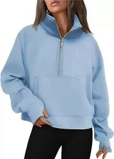 New Women's Spring Autumn Winter Stand Collar Plus Fleece Solid Color Hoodie Long Sleeve Pocket Loose Half Zip Pullover Hoodie