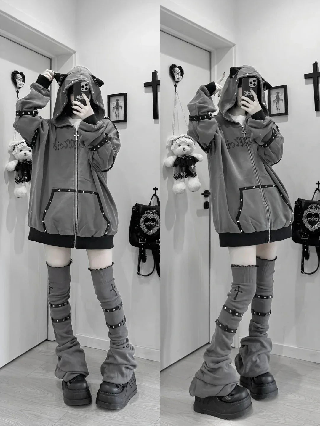 Streetwear Harajuku Hoodies Jackets Women's Clothing Hooded Punk Zipper Coat Japanese Rivet Print Vintage Casual Y2k Sweatshirts