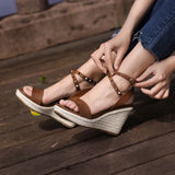 Women's genuine leather hemp wedge platform high heel ankle strap sandals open toe narrow band summer heels pumps daily shoes