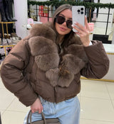 Luxury Thick Faux Fox Fur Collar Cropped Puffer Coat Women Oversized Lapel Zip Up Short Warm Windproof Winter Outerwear Jacket