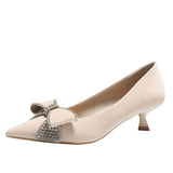 High Quality Satin Rhinestone Bowknot Design Kitten Heel Pumps Women Pointed Toe Elegant Party Shoes Luxury Wedding Bride Heels
