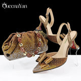 Queena Yan Newest Full of Rhinestone Design Olive Color Lady Sheos and Metal Bead-Embellished Handbag Set for Parrt Wedding