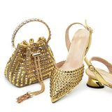 New Fashion Gold Color Shoes and Bags To Match Set Nigeria Party Women's Wedding Bag and Shoe Set Decorated with Rhinestone
