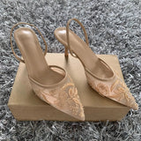 Black Embroidered Mesh Slingback High Heels Sandals for Women Designer Shoes Woman Elegant Style Wedding Party Pumps