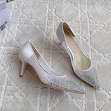 Women's high heels and single shoes for spring and summer  new mesh diamond fashion banquet pointed women's shallow mouth shoes