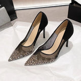 Women's high heels and single shoes for spring and summer  new mesh diamond fashion banquet pointed women's shallow mouth shoes