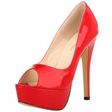 Women Pumps Sexy Platform Peep Toe 14cm Extremely Thin High Heels Stiletto Patent Leather Fashion Party Nighclub Wedding Shoes