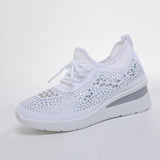 Women's Rhinestone Embellished Knit Mesh Wedge Sneakers, Adjustable Lace-Up Closure, Daily Walking Casual Footwear