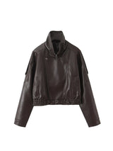 Ailegogo New Women Vintage Loose Black Short Faux Leather Jacket Streetwear Female Zipper Belt Coat Outwear