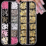 24-Piece 3D Y2K Millennial Nail Art Decoration Set, Assorted Rhinestones, Pearls, Butterfly, Heart & Flower DIY Nail Charms