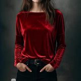 Female Solid Color Loose Fit Crew-neck Pullover Velvet T-shirt