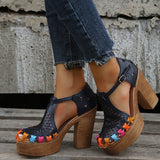 Printed Ethnic Style High-heeled Women's Floral Buckle Chunky Heel Toe Roman Sandals