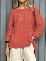 Vintage Cotton-Linen Crew-Neck Long-Sleeve Fashion Blouse For Women