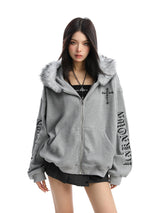 Cross Printed Hoodie Women's Fur Collar Baggy Coat