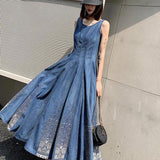 Sleeveless Summer Denim Dress with Thin Embroidery