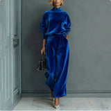 Casual Warm Velour Long-sleeved Solid Color High-neck Zipper Wide-leg Sportswear