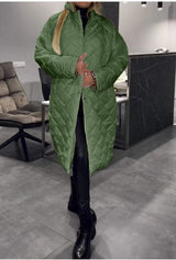 Winter Rhombus Stitching Coat Warm Solid Color Pocket Lapel Long Jacket Women's Clothing