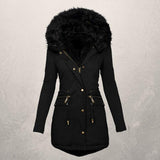 Medium Length Hooded Cotton Padded Jacket with Wool Collar