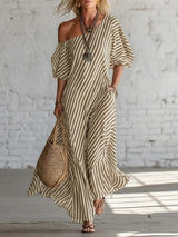 Womens Striped Off-shoulder Dress