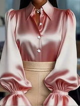 New Stylish Solid-colored Bubble Sleeve Long-sleeve Lapel Satin Shirt For Commuting