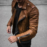Men's Slim Fit Brown PU Leather Jacket with Lapel