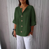 Loose-fit Women's V-neck Cotton-Linen Button T-shirt Top