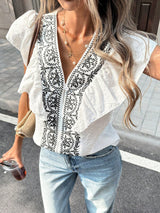 Ruffled V-neck Single-breasted Short-sleeve Top