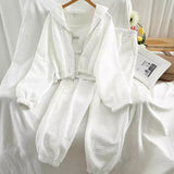 Japanese Korean Casual Hooded Cardigan Set - Zipper Sports Three Piece Suit (Black, Gray, White)