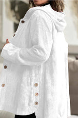 Women's Corduroy Hooded Jacket Fashion Warm Pockets Button Mid-length Top Casual Fall Winter Outwear Clothing