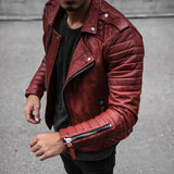 Men's Slim Fit Brown PU Leather Jacket with Lapel