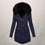 Medium Length Hooded Cotton Padded Jacket with Wool Collar
