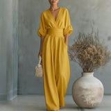 Summer Short-sleeved Jumpsuit Fashion Casual V-Neck Wide-Leg Pants Womens Clothing