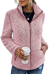 Fall Winter Warm Sweatshirt Stand Collar Solid Color Top Sweater Women's Casual Fashion Long Sleeve Zipper Bubble Velvet Coat Tops