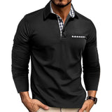 Casual Plaid Splicing Lapel Polo Shirt Fashion Solid Color Long Sleeve Top Men's Clothing
