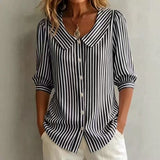 Mid-sleeve Striped V-neck Shirt Top T-shirt Womens Clothing