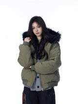 American Retro Rhombus Fur Collar Cotton Cardigan Hooded Cotton Jacket