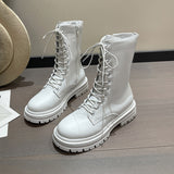 Autumn And Winter New Round Head Lace-up British Style Thick Bottom Mid-calf Martin Boots Women