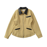 Retro Lapels Contrast Color Waist-tight Motorcycle Slim-fit Leather Coat Zipper Jacket