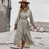 Autumn And Winter Floral Dress With Chest Wrap And Tie Large Swing Skirt Leisure Holiday Style